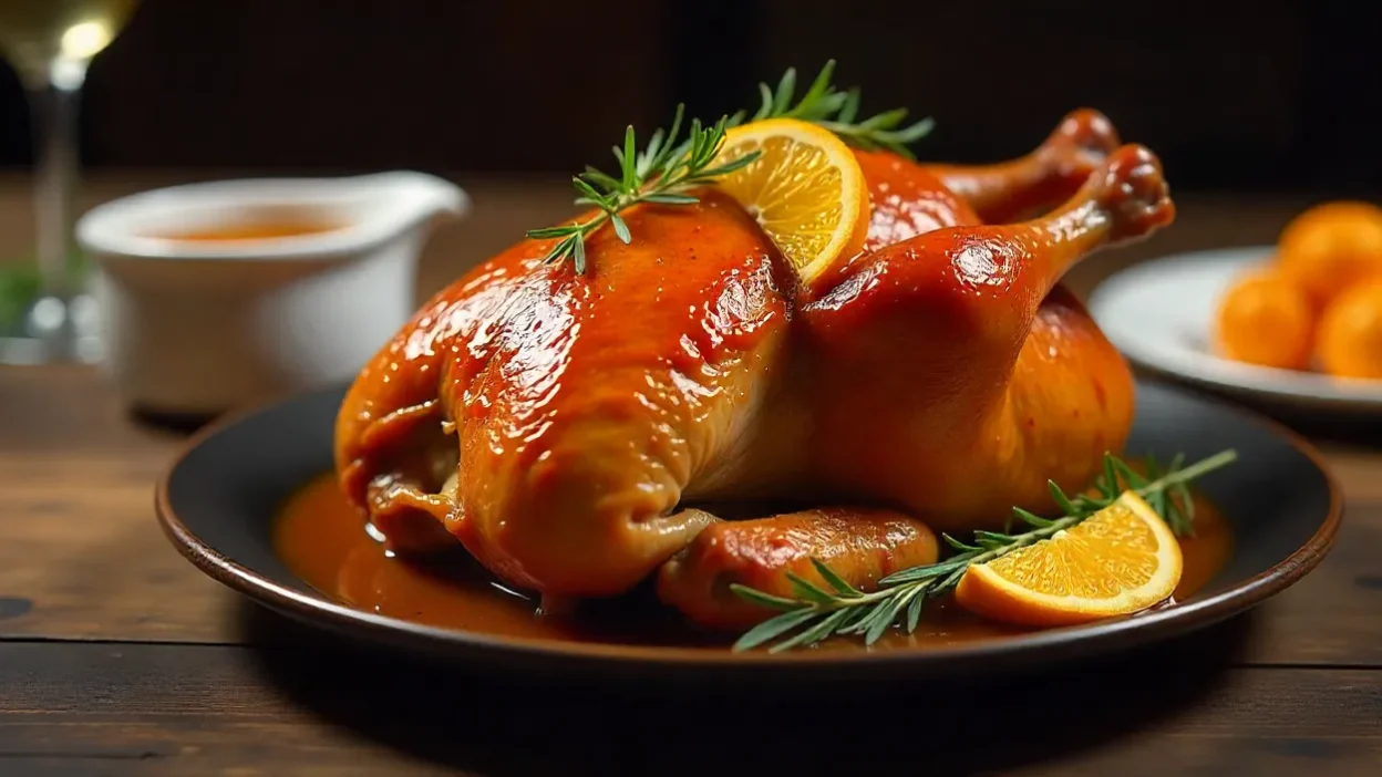 Golden roasted duck with crispy skin, garnished with orange slices and herbs, served on a rustic table with orange glaze and sauce.