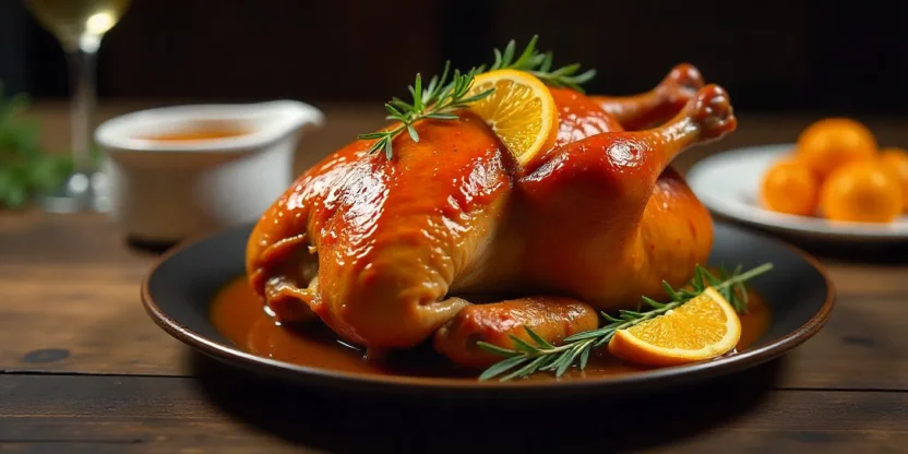Golden roasted duck with crispy skin, garnished with orange slices and herbs, served on a rustic table with orange glaze and sauce.