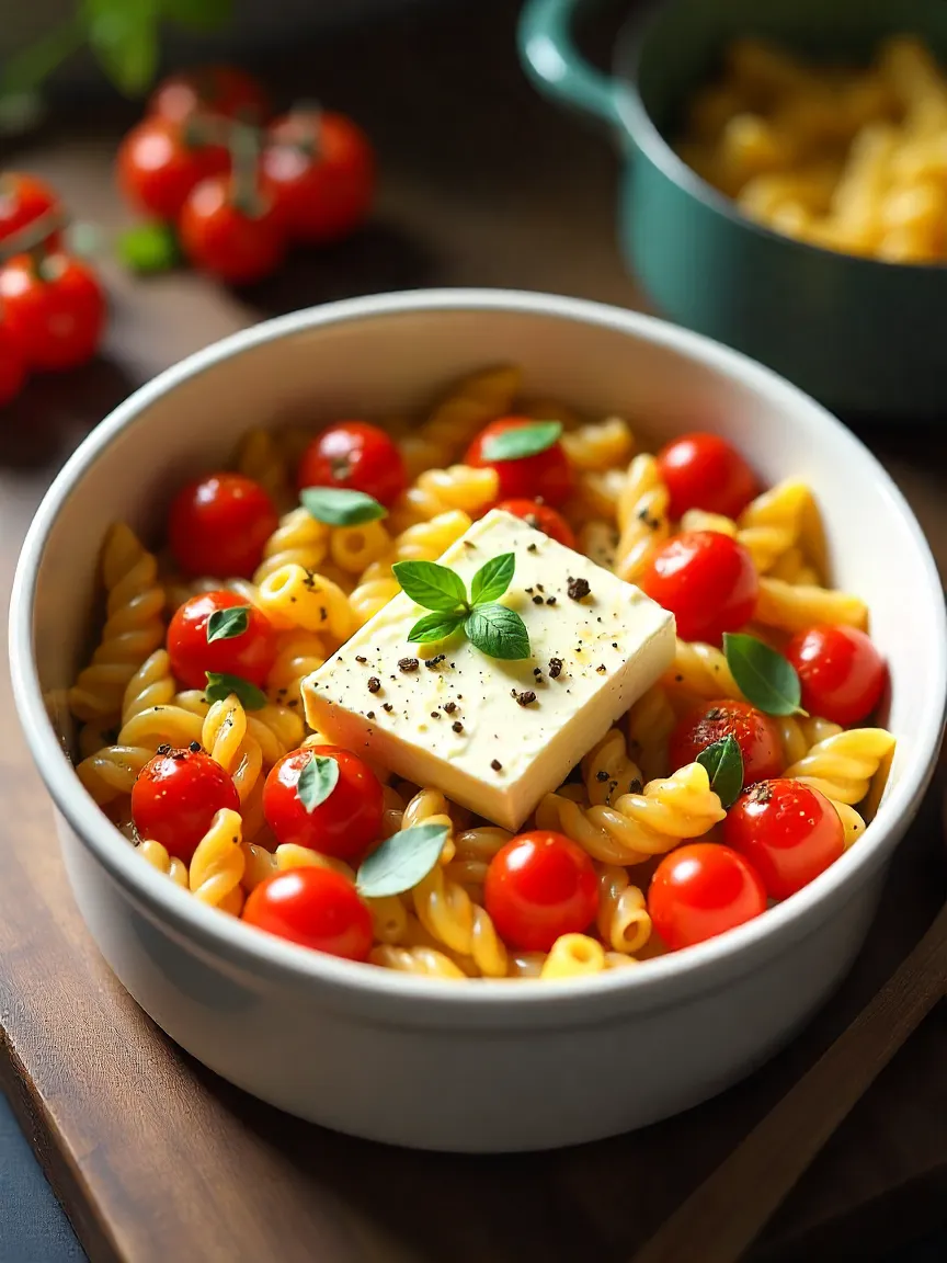 Baked feta pasta in a white dish with melted feta, roasted cherry tomatoes, and herbs, styled in a bright kitchen setting.