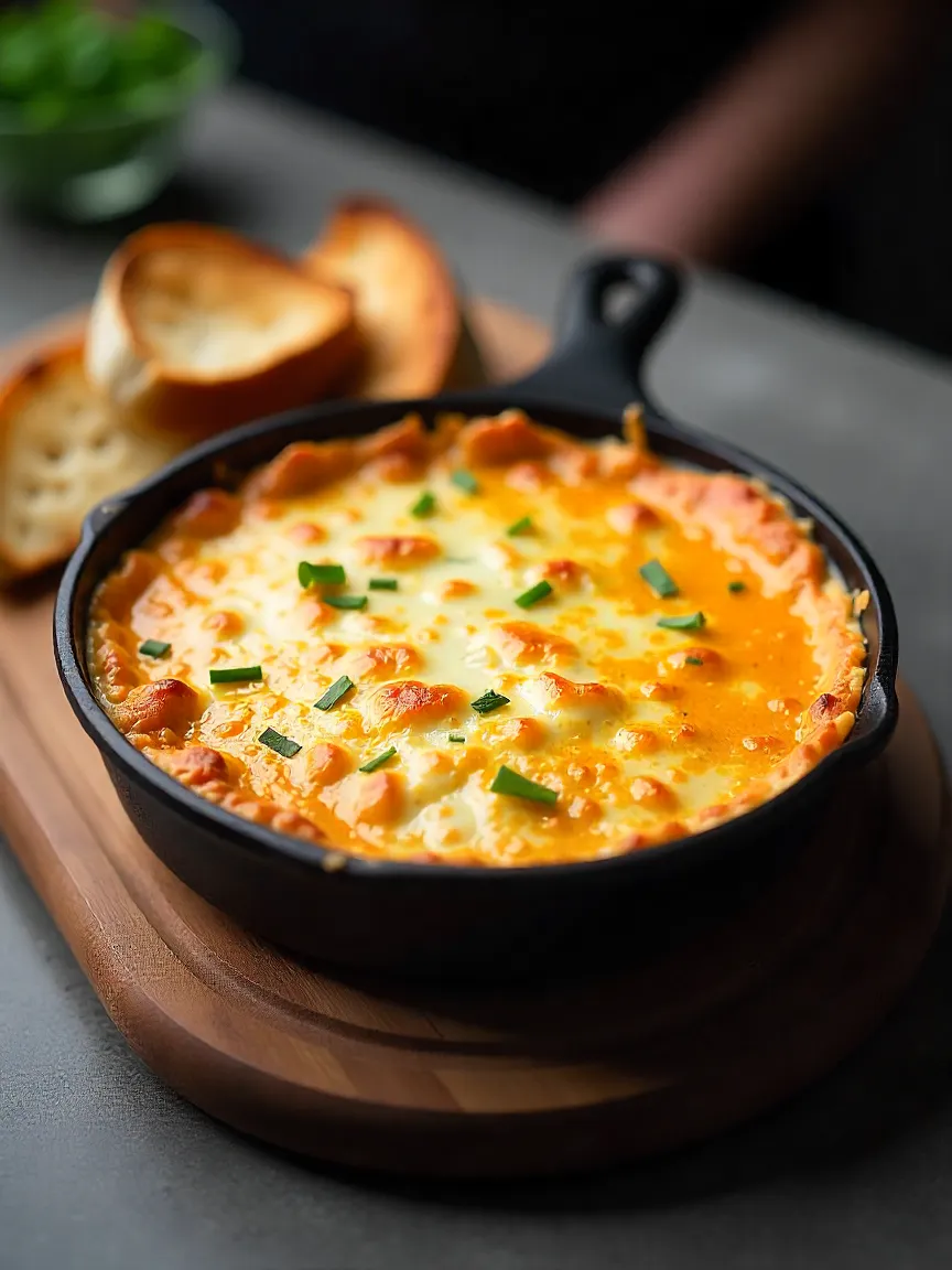 Baltimore-style crab dip in a skillet, topped with melted golden cheese, served with toasted bread and crackers.