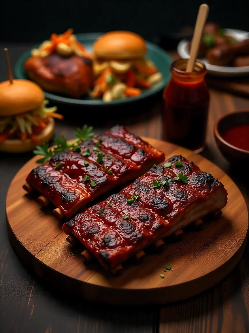 Robust barbecue sauce paired with ribs, pulled pork sandwiches, grilled chicken, and roasted vegetables in a smoky, rustic setting.