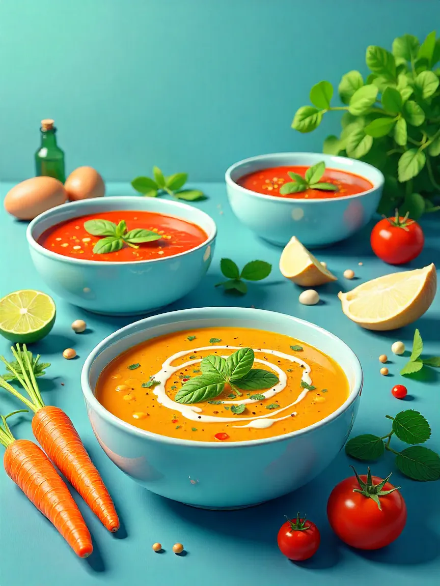 Colorful bowls of healthy soups surrounded by fresh vegetables, beans, and herbs with icons symbolizing nutrition, weight management, and wellness.