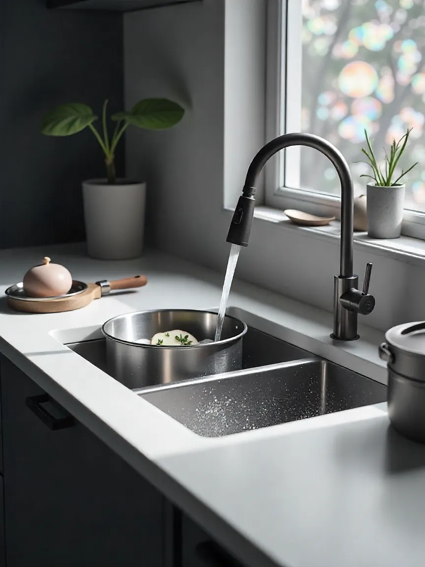 Modern kitchen with a deep kitchen sink, featuring large dishes and pots being washed, emphasizing the practicality and efficiency of the sink