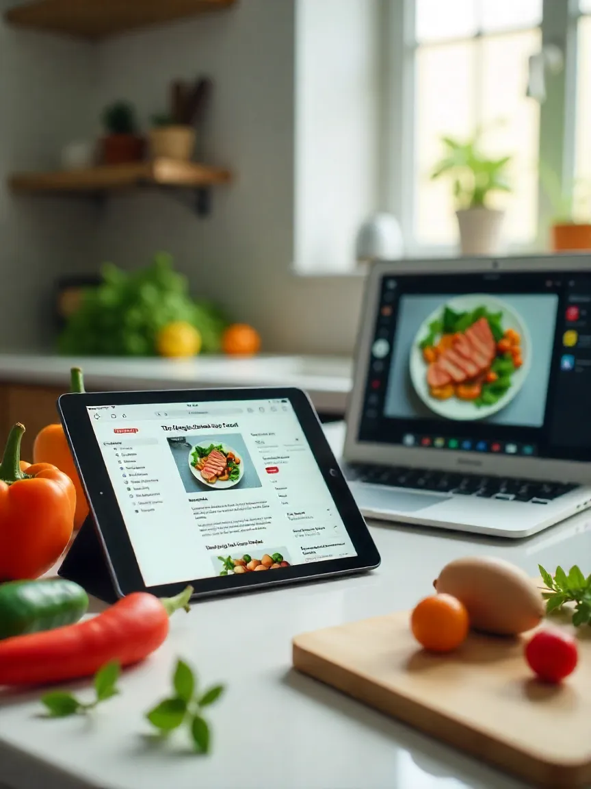 Modern kitchen with a tablet, laptop, and smartphone showing online recipes, surrounded by fresh ingredients, illustrating the convenience of internet recipes.