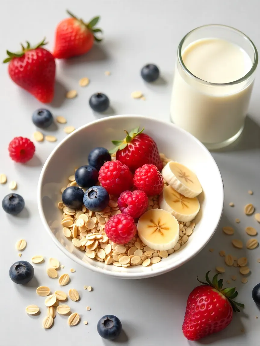 A healthy bowl of oatmeal with fruits, seeds, and almond milk, highlighting the nutritional benefits of oats for weight loss.