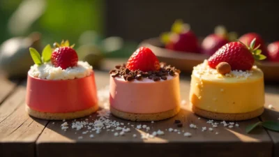 Three colorful bento cakes on a wooden table with fresh strawberries, coconut, and chocolate.