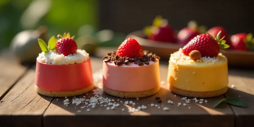 Three colorful bento cakes on a wooden table with fresh strawberries, coconut, and chocolate.