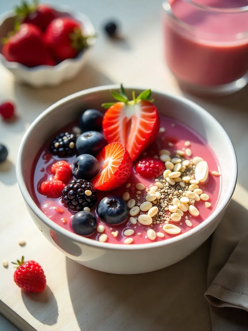 Bowl of berry chia oatmeal topped with fresh strawberries, blueberries, raspberries, and chia seeds, a colorful and healthy breakfast for weight loss.