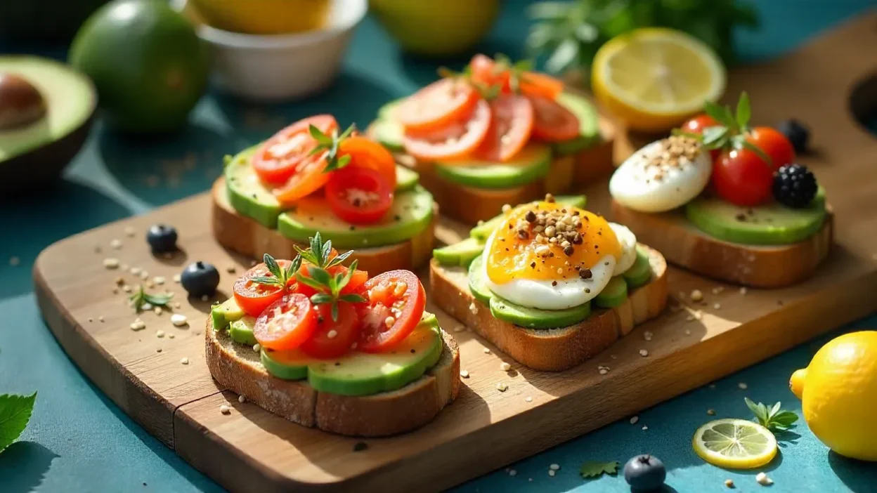 Assortment of avocado toasts with toppings like eggs, tomatoes, radishes, salmon, and berries on a rustic board with fresh ingredients.