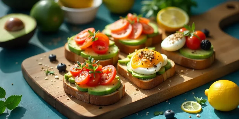 Assortment of avocado toasts with toppings like eggs, tomatoes, radishes, salmon, and berries on a rustic board with fresh ingredients.