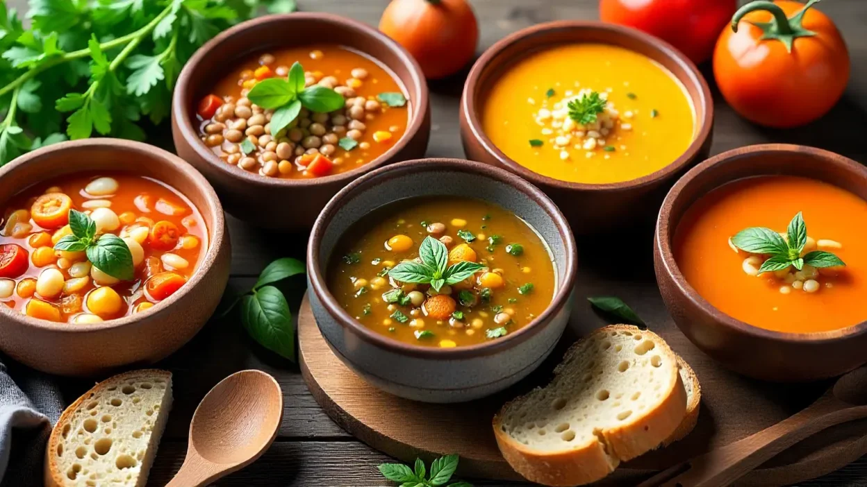 Assorted healthy soups including lentil, vegetable minestrone, butternut squash, and tomato basil served in rustic bowls with fresh herbs and bread.