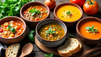 Assorted healthy soups including lentil, vegetable minestrone, butternut squash, and tomato basil served in rustic bowls with fresh herbs and bread.