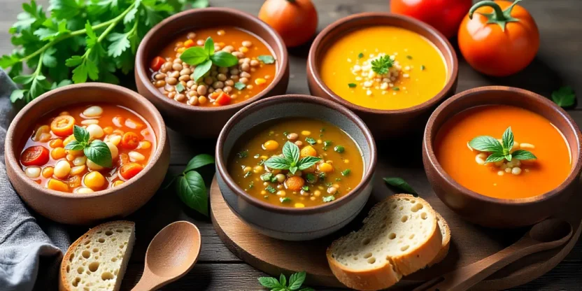 Assorted healthy soups including lentil, vegetable minestrone, butternut squash, and tomato basil served in rustic bowls with fresh herbs and bread.