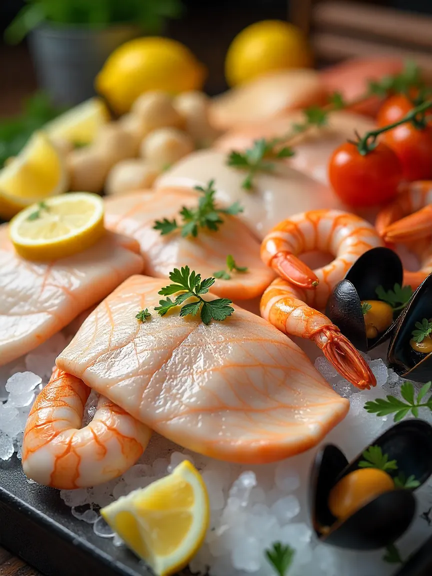 Fresh fish fillets, shrimp, scallops, mussels, and clams on ice with lemon and herbs.