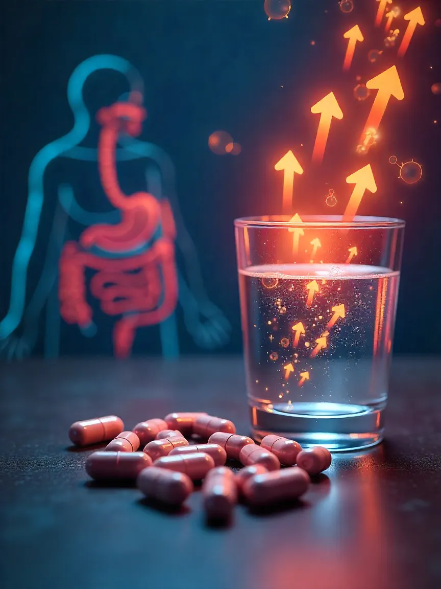 Capsules with visual effects showing absorption into the body, symbolizing how bioavailability changes the strength of identical dosages.