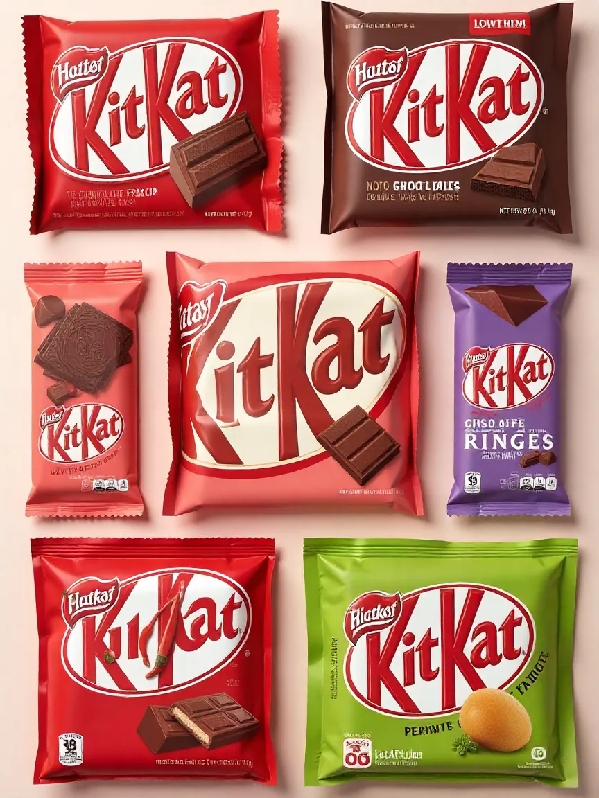 Collage of KitKat history: vintage Chocolate Crisp, wartime dark chocolate, global flavors, and classic UK slogan.