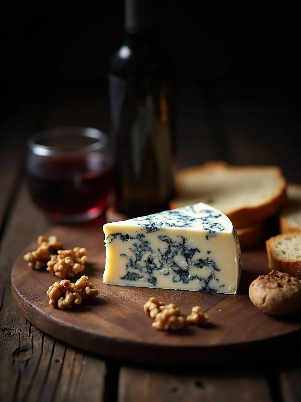 Wedge of Bleu dâAuvergne with blue veins, served with bread, walnuts, and port wine on a rustic board.