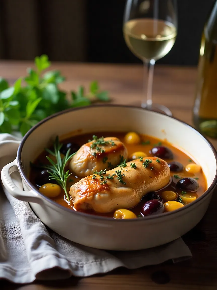 Braised rabbit with prunes in a ceramic casserole, cooked with white wine, shallots, garlic, and thyme, styled in rustic French countryside setting.