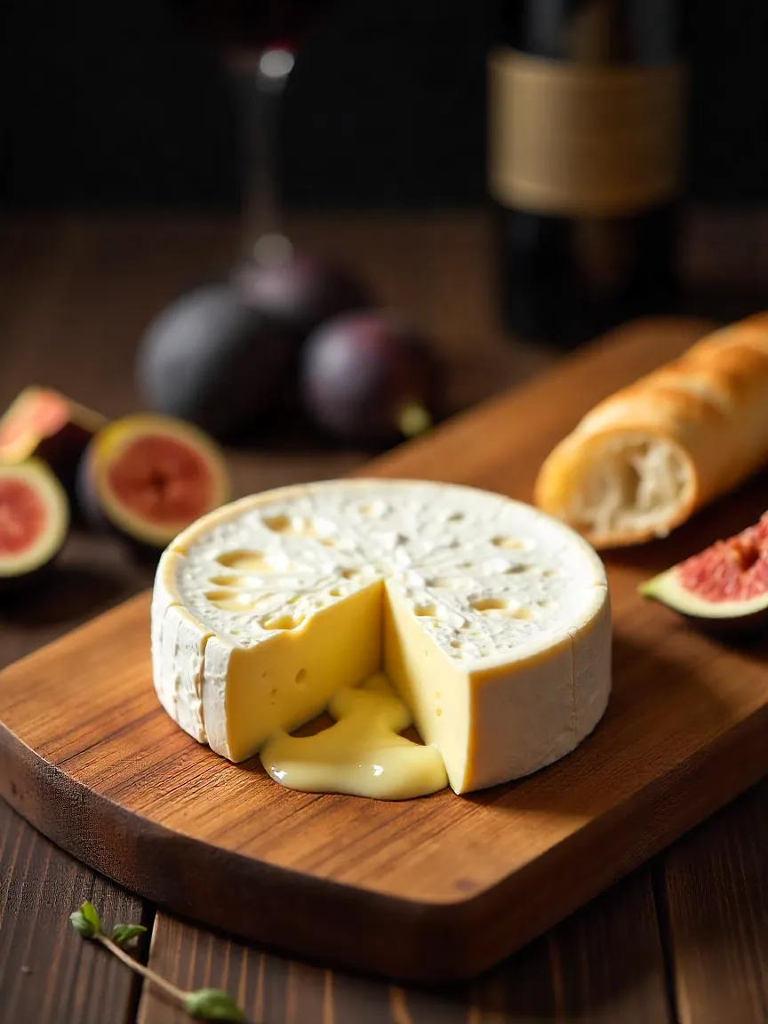 Brie de Meaux-style cheese oozing from a cut wedge, served with baguette, figs, and red wine on a rustic cheeseboard.