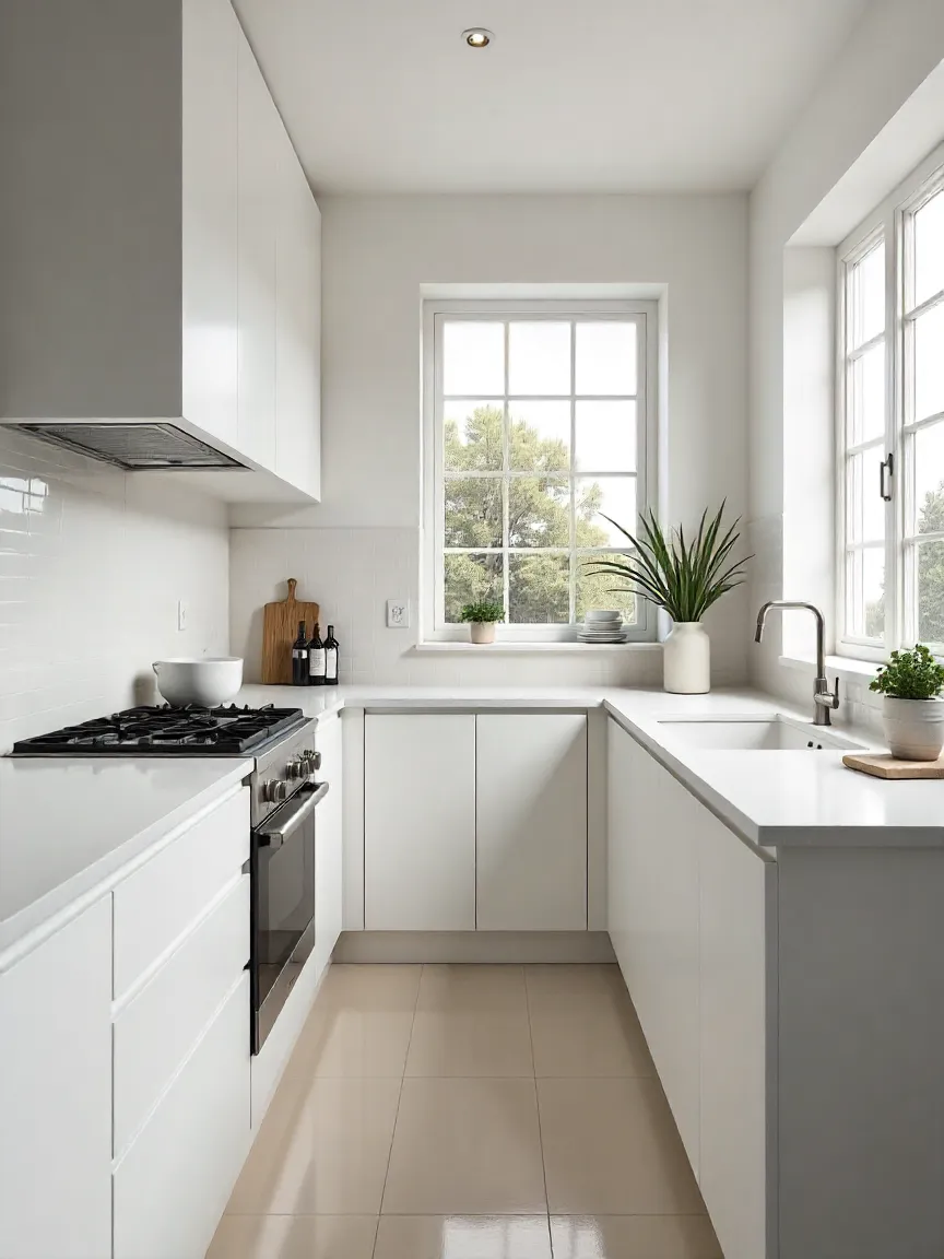 Small kitchen designed with light colors and reflective surfaces to create a bright, open, and visually larger space.