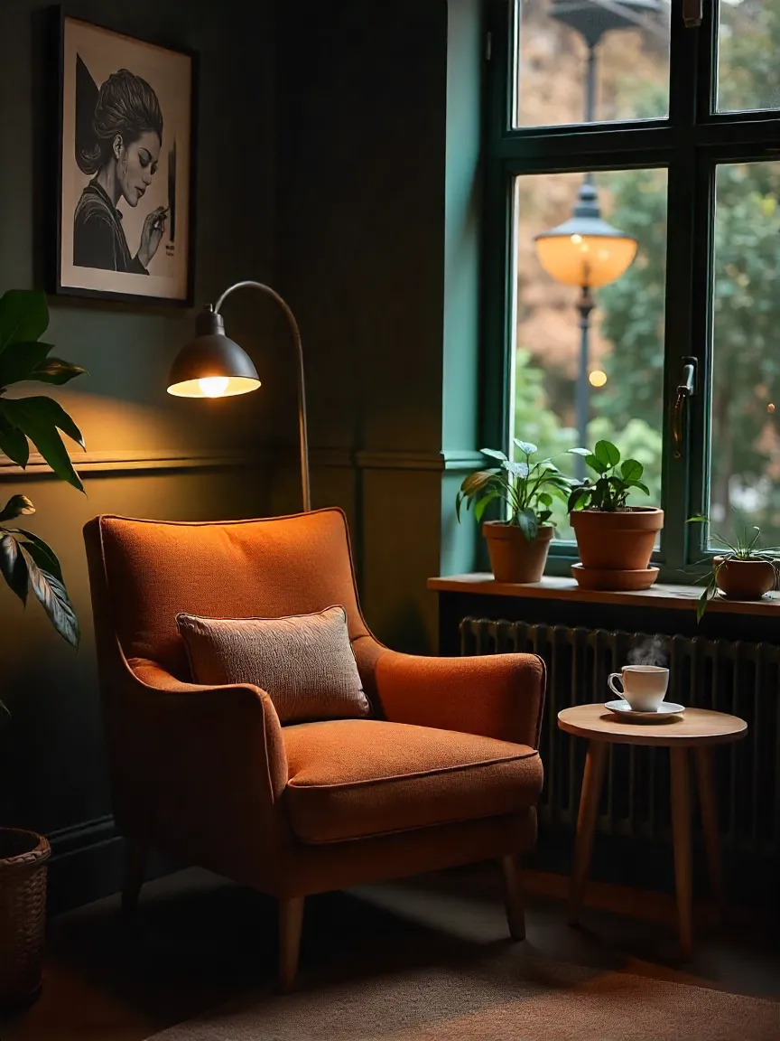 Home coffee corner styled like a café with warm lighting, plants, and cozy seating.