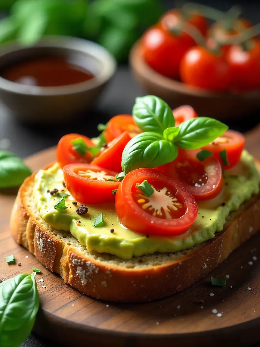 Avocado toast topped with chopped tomatoes, fresh basil, olive oil, and seasoning on sourdough bread.