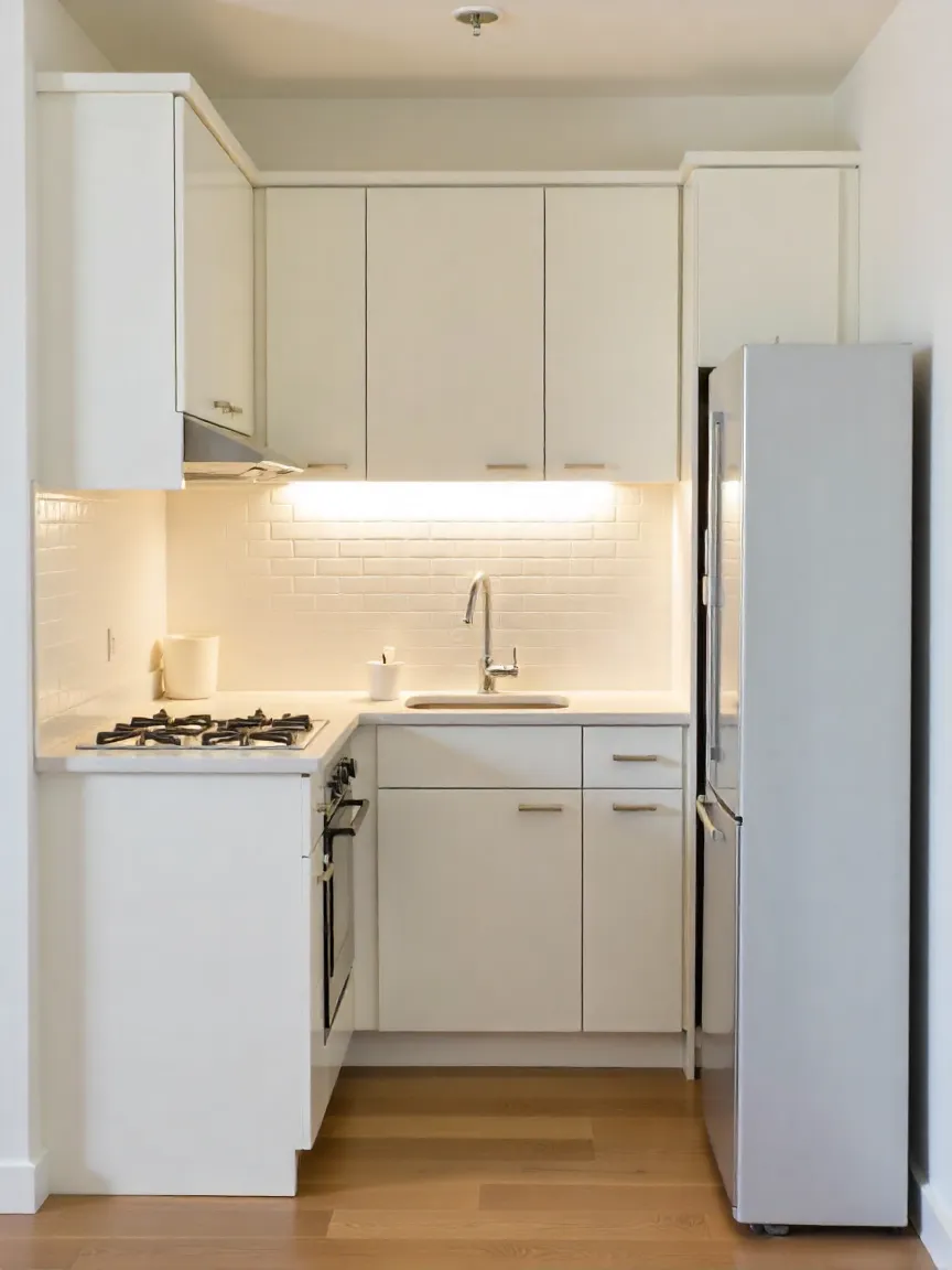 Small budget-friendly kitchen with efficient appliance layout, wall-mounted microwave, under-cabinet LED lights, and organized storage for daily essentials.