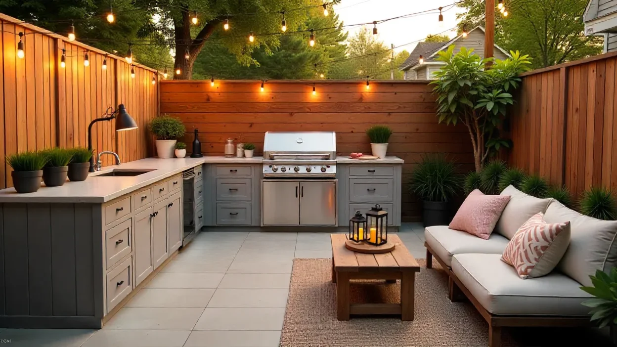 A cozy outdoor kitchen in a backyard with a grill, dining area, string lights, and rustic-modern decor under warm sunset lighting.