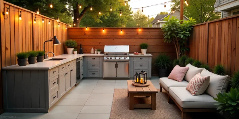 A cozy outdoor kitchen in a backyard with a grill, dining area, string lights, and rustic-modern decor under warm sunset lighting.