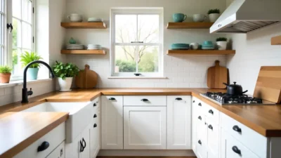 Modern budget-friendly kitchen with painted cabinets, butcher block countertop, peel-and-stick backsplash, and open shelves with colorful dishware and herbs.