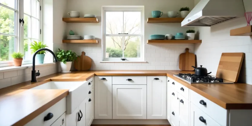 Modern budget-friendly kitchen with painted cabinets, butcher block countertop, peel-and-stick backsplash, and open shelves with colorful dishware and herbs.