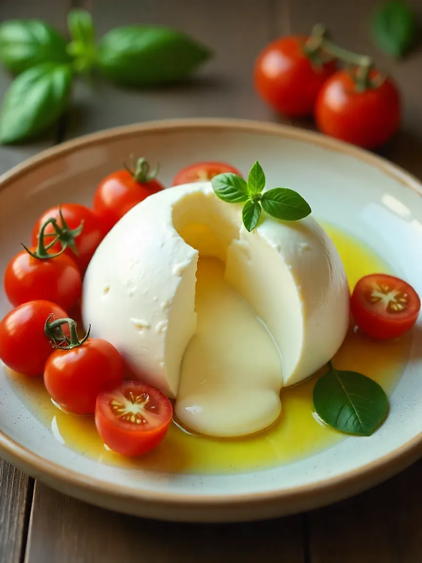Fresh burrata cheese cut open with creamy filling, served with cherry tomatoes, basil, and olive oil on a rustic Italian plate.