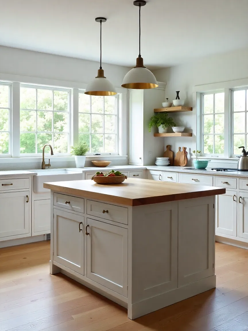 Modern farmhouse kitchen with a butcher block island, white cabinets, and rustic accents, adding warmth and functionality to the space.