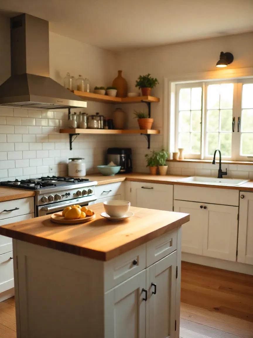 Farmhouse-style kitchen with a butcher block wood countertop adding warmth and natural charm.