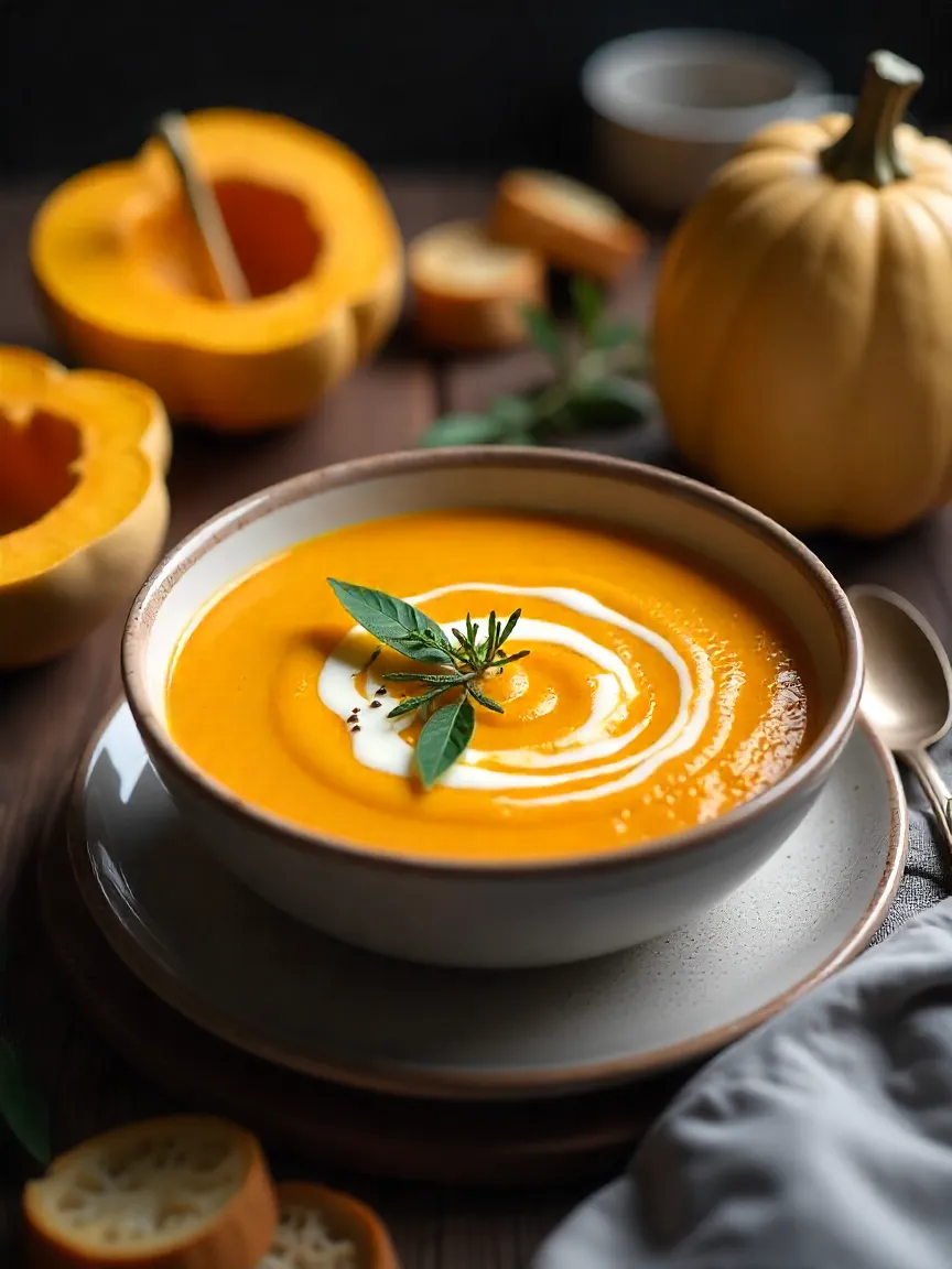 Velvety butternut squash bisque in a bowl, topped with cream and thyme, surrounded by roasted squash, sage, and rustic bread.