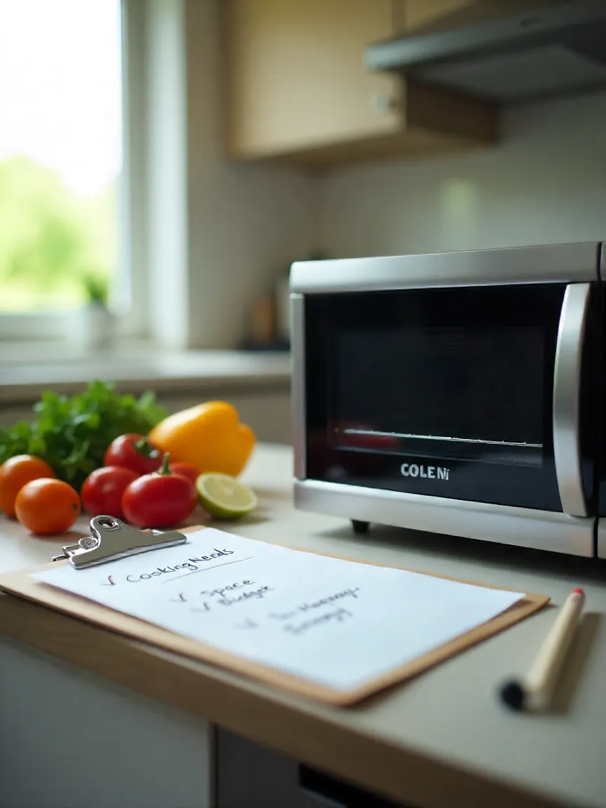 Kitchen with Glen OTG and microwave next to a checklist of buying considerations. 