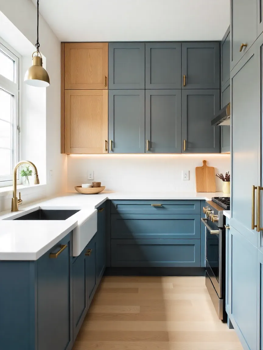 Modern kitchen with upgraded cabinetry and brass hardware, featuring full-height cabinets, glass-front doors, and sleek pulls for a stylish functional look.