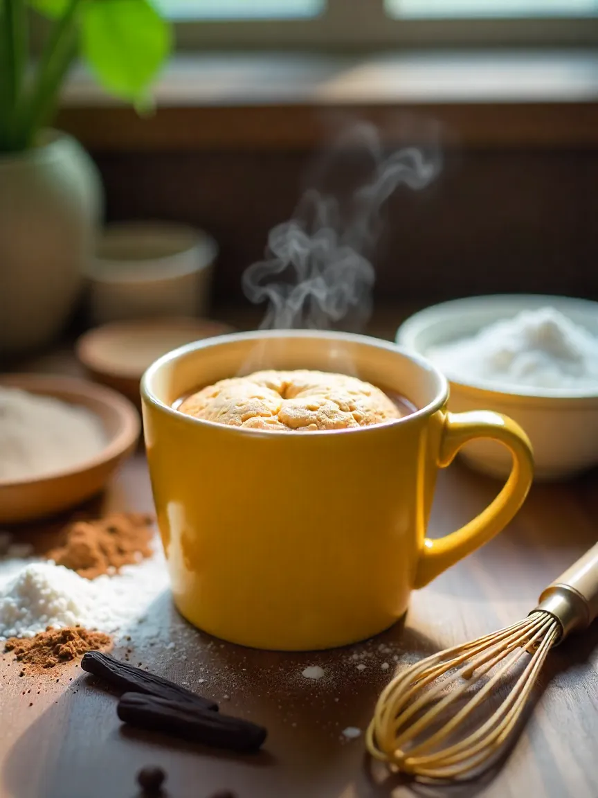 Freshly baked mug cake steaming in a colorful mug with baking ingredients on a wooden table.