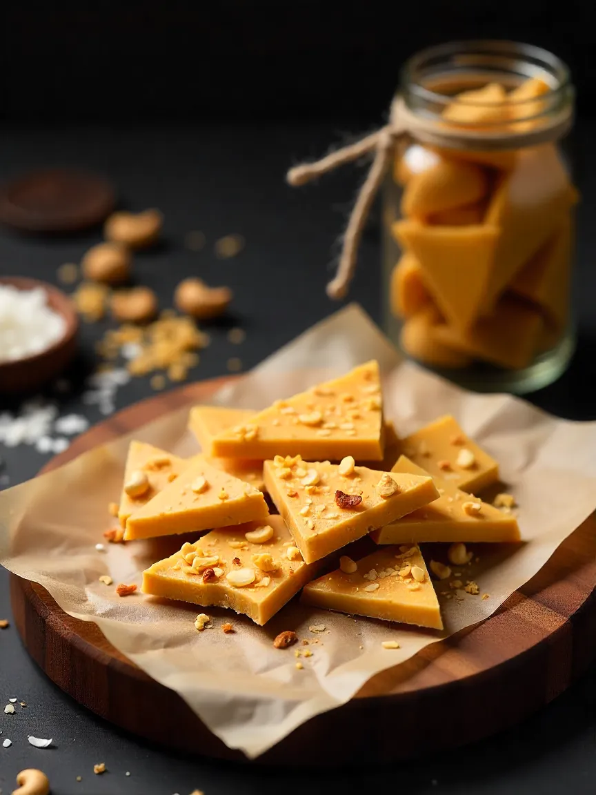 Homemade vegan brittle with roasted cashews and toasted coconut, broken into golden crunchy pieces.