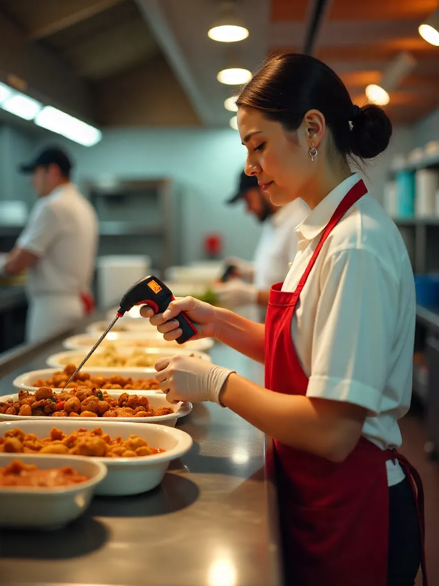 Catering staff ensuring food safety by checking temperatures in a clean, compliant commercial kitchen.