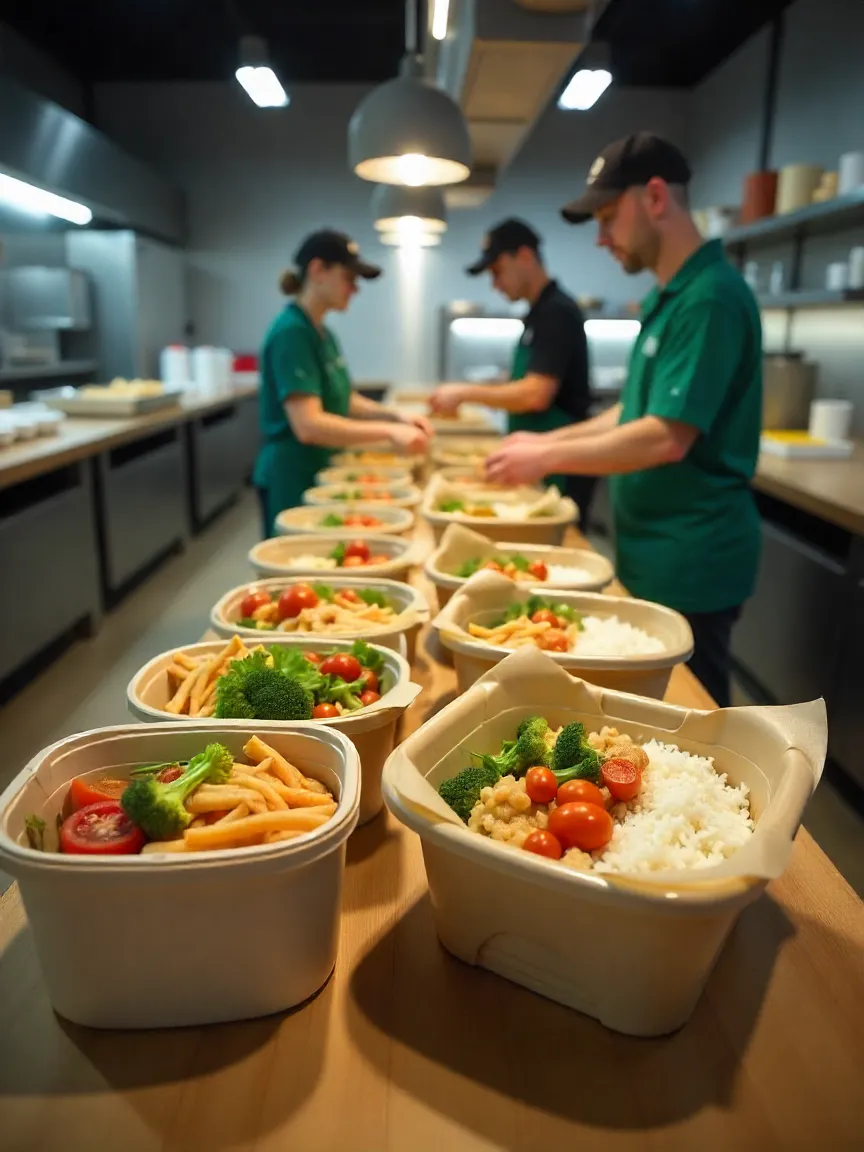 Catering setup with eco-friendly containers, portioned meals, and recycling bins to reduce waste and improve efficiency.