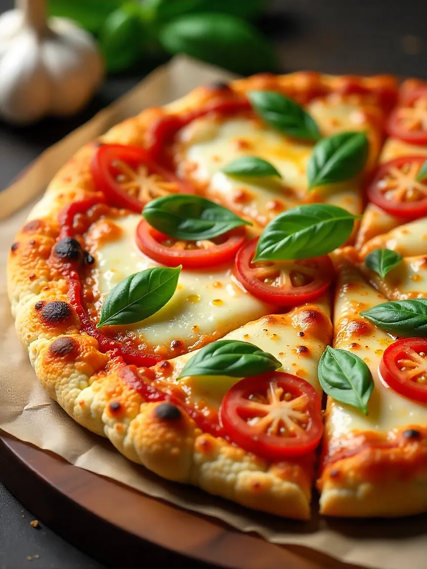 Cauliflower crust Margherita pizza topped with tomatoes, mozzarella, and fresh basil on a rustic board.
