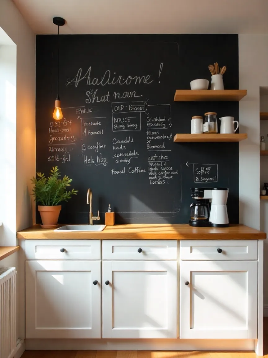 Modern kitchen with a chalkboard wall used for notes and doodles, paired with white cabinets and a rustic coffee station for a playful yet functional touch.