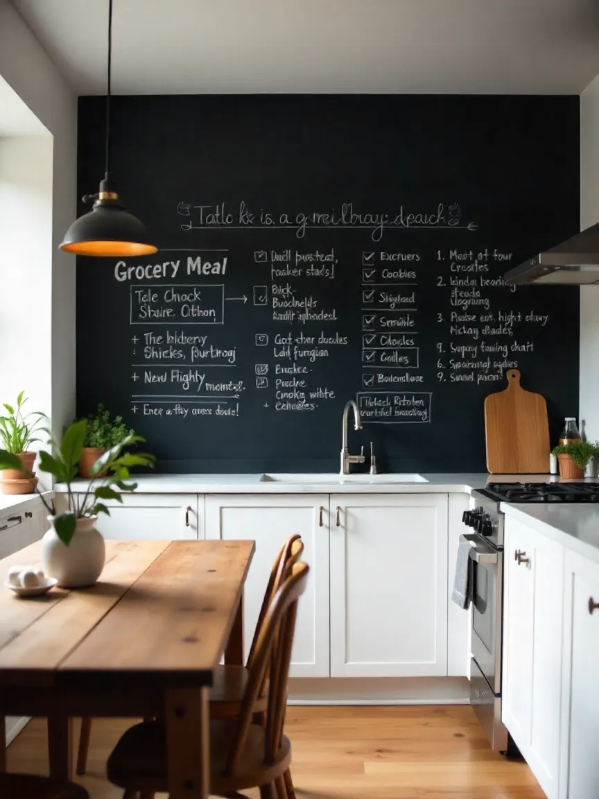 Modern kitchen with a large chalkboard wall for notes and decor, paired with white cabinets and rustic accents for a stylish and functional upgrade.