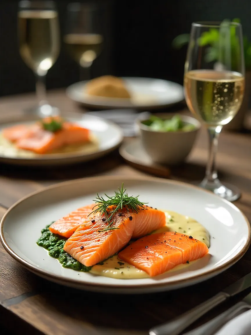 Salmon dishes paired with Chardonnay wine, including grilled, smoked, and creamy baked salmon served alongside a glass of chilled Chardonnay.