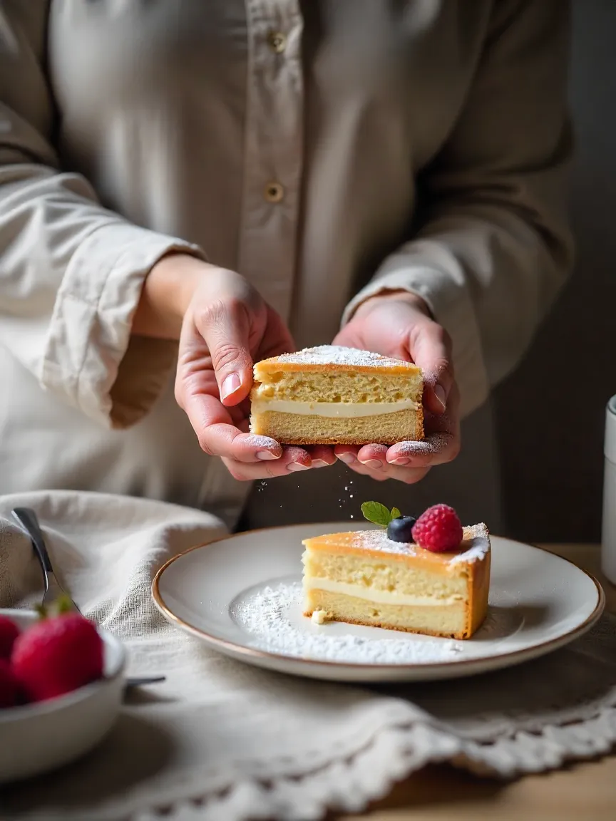 Hands dusted with powdered sugar passing down Charlotte cake-making tradition, alongside a plated slice with fresh fruit and cream.