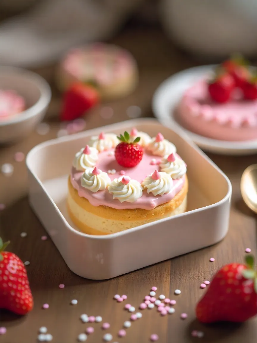 Strawberry mini cake with a slice cut out, surrounded by fresh strawberries and baking ingredients.