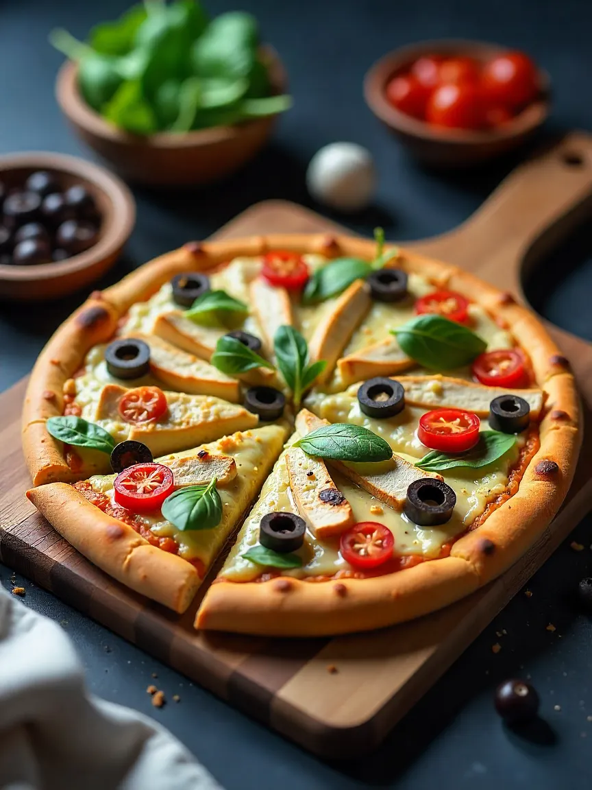 Whole wheat pizza with grilled chicken, spinach, cherry tomatoes, and olives on a wooden board.