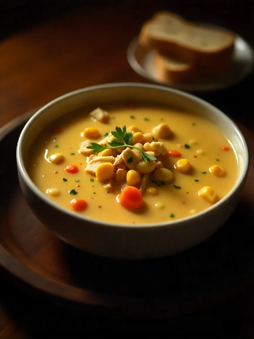 Creamy chicken and sweet corn chowder with potatoes and carrots, served in a rustic bowl with fresh herbs and bread.
