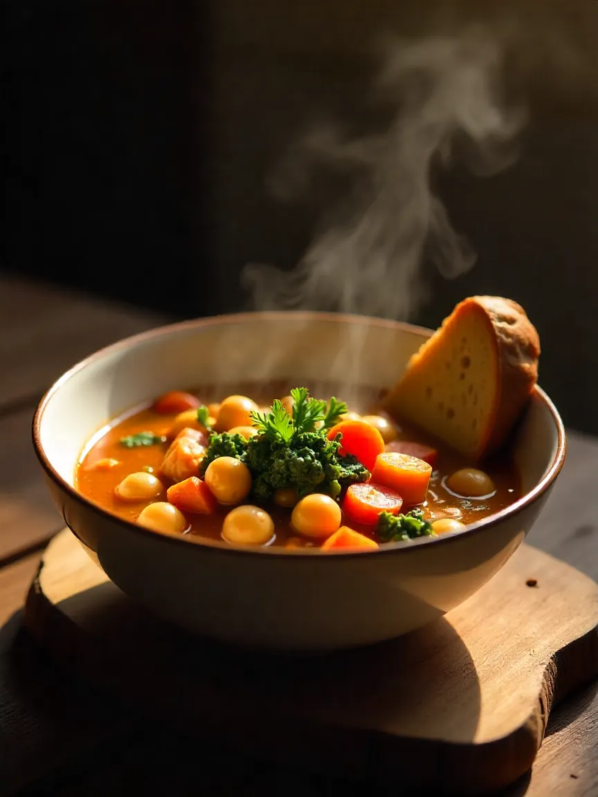 Rustic chickpea and vegetable stew with carrots, potatoes, and kale, served hot with crusty bread in a cozy autumn setting.